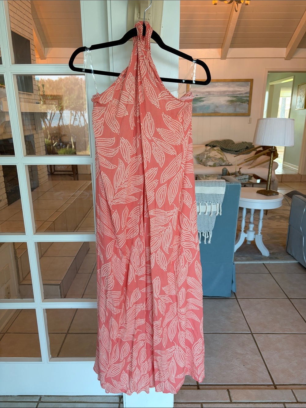 Elan Coral Leaf Maxi Dress - Coral & White